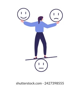 Emotional intelligence, balance emotion control feeling between work stressed or sadness and happy lifestyle concept, mindful calm woman using her hand to balance smile and sad face.