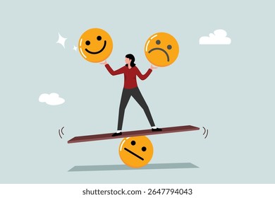 Emotional intelligence, balance emotion control feeling between work stressed or sadness and happy lifestyle concept, mindful calm woman using her hand to balance smile and sad face.