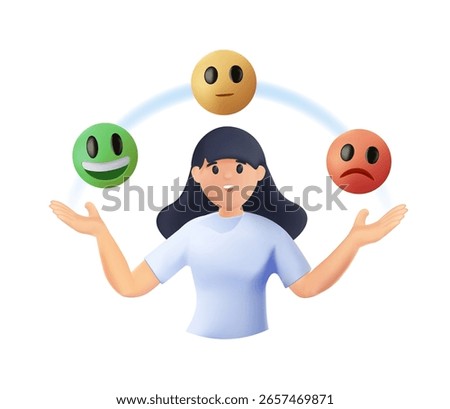 Emotional intelligence, balance emotion control feeling between work stressed or sadness and happy lifestyle concept, 3D render vector illustration. Mindful calm woman using her hand to balance smile