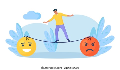 Emotional intelligence, balance emotion. Man walk thin rope with bad and good emotions. Unstable mental state and tight emotion control. Psychological and mental stability. Mindful calm, harmony - Shutterstock ID 2109590006