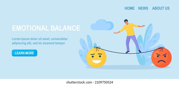 Emotional intelligence, balance emotion. Man walk thin rope with bad and good emotions. Unstable mental state and tight emotion control. Psychological and mental stability. Mindful calm, harmony