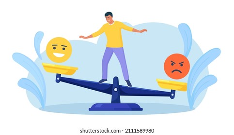 Emotional intelligence, balance emotion. Man balanced on scales with bad and good emotions. Unstable mental state and tight emotion control. Psychological and mental stability. Mindful calm, harmony