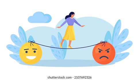 Emotional intelligence, balance emotion. Woman walk thin rope with bad and good emotions. Unstable mental state and tight emotion control. Psychological and mental stability. Mindful calm, harmony