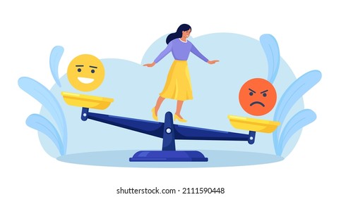 Inteligencia emocional, equilibrio de emoción. La mujer se balanceó en balanzas con buenas y malas emociones. Estado mental inestable y control de emociones estricto. Estabilidad psicológica y mental. Tranquilidad, armonía