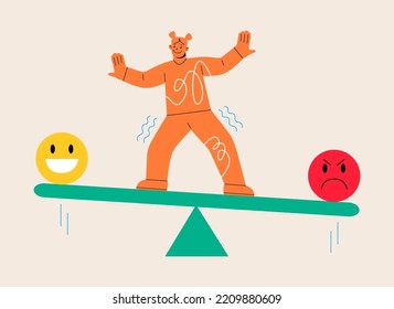 Emotional intelligence, balance emotion. Woman balanced on scales with bad and good. Colorful vector illustration
