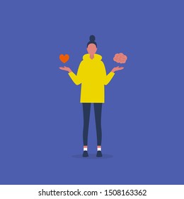 Emotional intelligence. Balance of emotions and thoughts. Therapy. Harmony. Young female character choosing between heart and brain. Conceptual illustration, clip art