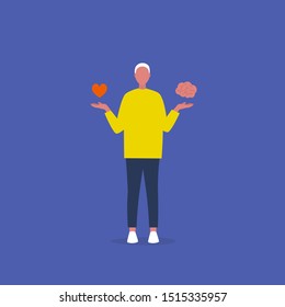 Emotional intelligence. Balance of emotions and thoughts. Therapy. Harmony. Young male character choosing between heart and brain. Conceptual illustration, clip art