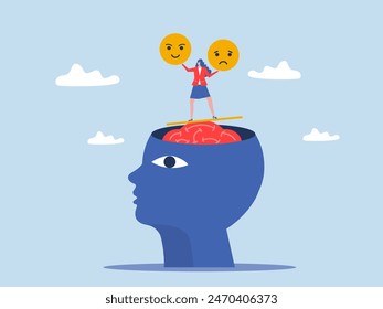 Emotional intelligence balance smile and sad face ,woman menage balance emotion control feeling between work stressed or sadness and happy lifestyle on head human concept vector