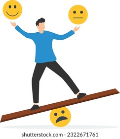 Emotional intelligence, balanced emotion control feeling between work stress or sadness and happy lifestyle, Using her hand to balance smile and sad face

