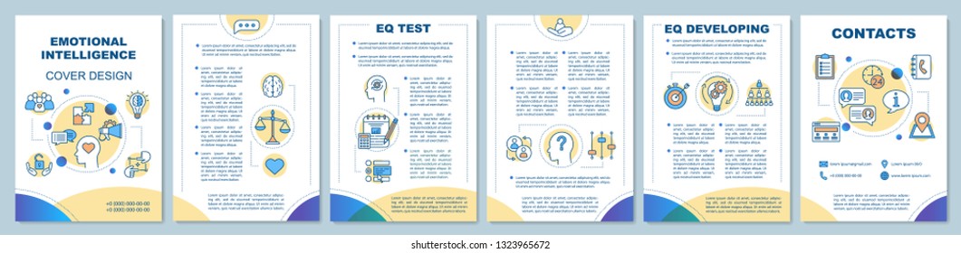 Emotional intelligence brochure template layout. EQ test, developing. Flyer, booklet, leaflet print design, linear illustrations. Vector page layouts for magazines, annual reports, advertising posters