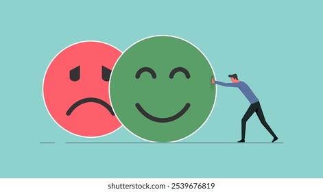 Emotional intelligence concept, balance emotion control, a man changing from sad expression face into happy expression face symbol