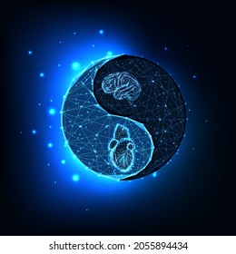 Emotional intelligence concept, heart and brain balance on yin yang symbol isolated on dark blue background. Futuristic glowing design vector illustration.