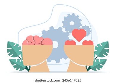 Emotionale Intelligenz. Herz und Gehirn auf ausgewogener Skala Symbol. Liebe, Geist, Logik, entdecke Persönlichkeit. Moderner flacher Cartoon-Stil. Vektorillustration auf weißem Hintergrund.