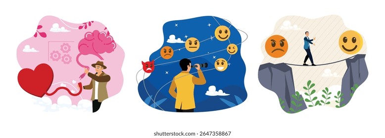 Emotional Intelligence concept. A man sees and understands emotions and moods. Chooses good feelings over bad moods.