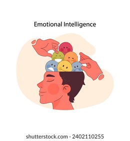 Concepto de Inteligencia Emocional. Un perfil sereno con una mente abierta a una serie de emociones, cada una cuidadosamente equilibrada, mostrando el dominio de los sentimientos personales. Ilustración vectorial plana