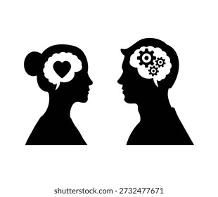 Emotionales Intelligenzkonzept. Silhouette von Mann und Frau von Angesicht zu Angesicht mit Herz und Zahnrad Symbolen im Kopf