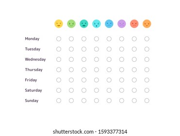 Emotional intelligence concept. Vector flat llustration. Weekly mood tracker journal with basic emotion emoji symbol isolated on white. Design element for banner, background, web, infographic.