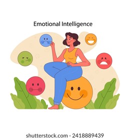 Emotional intelligence concept. Woman balances different emotions, depicting self-awareness and regulation. Insight into affective harmony. Flat vector illustration