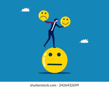 Emotional intelligence. conscious businessman balances a smile and a sad face 