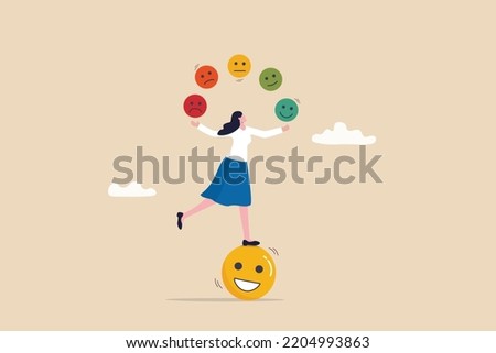 Emotional intelligence, control feeling or emotion, psychology to be success or balance of anxiety and happiness concept, cheerful woman balance on smiling face juggling expression emotional faces. Stockfoto © 