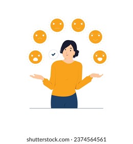 Emotional Intelligence, control feeling, logical thinking, self control, balance, woman connect juggles emoticons concept illustration