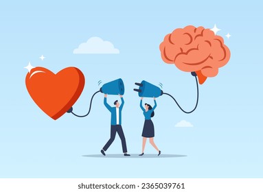 Emotional intelligence and control of feelings concept. Vector of a man and a woman connect heart with a brain.