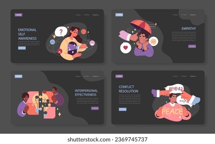 Emotional intelligence dark mode or night mode web banner or landing page set. Soft social skill. Confidence and empathy for interpersonal communication. Self-regulation and awareness. Flat vector