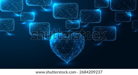 Emotional intelligence and digital empathy concept with glowing low poly heart surrounded by speech bubbles. Online AI love and human-machine emotion. Futuristic wireframe vector illustration. 