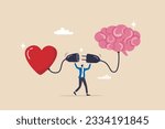 Emotional Intelligence, EI or control feeling and emotion with logical thinking brain, empathy or social skill, self control or balance concept, man connect heart feeling with logical thinking brain.
