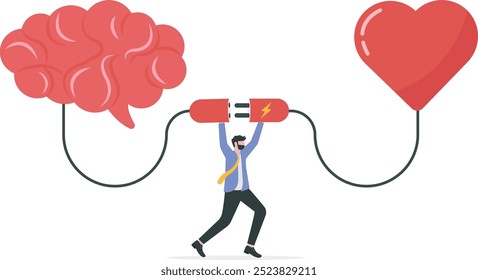 Inteligência Emocional, EI ou sensação de controle e emoção com o cérebro pensamento lógico, empatia ou habilidade social, autocontrole ou conceito de equilíbrio, o homem conecta sensação de coração com cérebro pensamento lógico.
