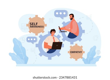Emotional intelligence. Emotion balance and control skill. EQ development. Character with deep understanding of emotions and empathy. Self-regulation and awareness. Flat vector illustration