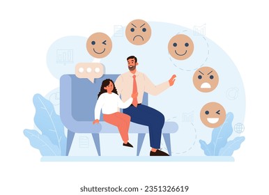 Emotional intelligence. Emotion balance and control skill. EQ development. Character with deep understanding of emotions and empathy. Self-regulation and awareness. Flat vector illustration