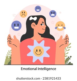 Emotional intelligence. Emotion balance and control skill. EQ development. Deep understanding of emotions and empathy. Self-regulation and awareness. Flat vector illustration