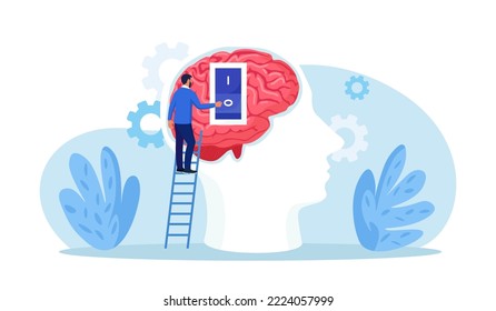 Emotional intelligence. Emotions turn on and off. Human head silhouette with emotion on or off toggle switch inside. Psychology, cognitive process. Ability to influence expressions. Brain activation