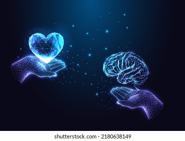 Emotional intelligence, empathy concept with hands holding brain and heart shape in glowing style 