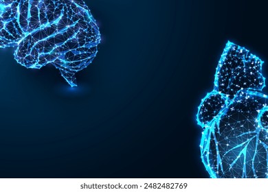 Emotional intelligence EQ, mind body connection futuristic concept. Human brain and anatomical heart on dark blue background. Glowing low polygonal style. Modern abstract design vector illustration