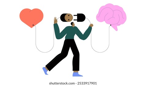 Emotional Intelligence. Сontrol feeling and emotion with logical thinking brain, empathy or social skill, self control or balance concept, man connect heart feeling with logical thinking brain.