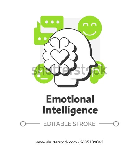 Emotional intelligence flat outline concept icon. Mental health, wellbeing. Communication skills. Mood, personality. Modern line illustration with green glyphs. Conceptual visual. Easy to edit