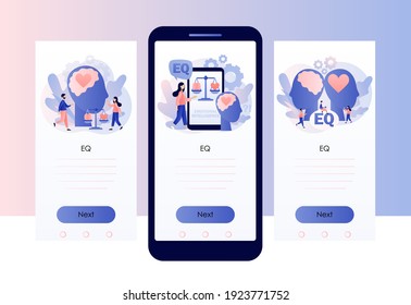 Inteligencia emocional. Corazón y cerebro a escalas como símbolo de equilibrio. Explorando la personalidad interior. Plantilla de pantalla para teléfono inteligente móvil. Estilo moderno de dibujos animados planos. Ilustración del vector