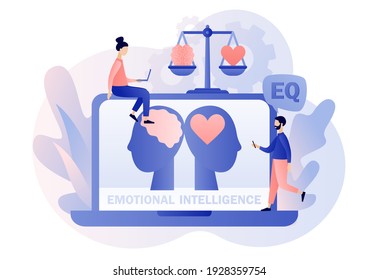 Emotional intelligence. Heart and brain on balanced scale symbol. Tiny people exploring inner personality. Online EQ test. Love, mind, logical. Modern flat cartoon style. Vector illustration