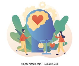 Emotional intelligence. Heart and brain on balanced scale symbol. Love, mind, logical. Tiny people exploring inner personality. Modern flat cartoon style. Vector illustration on white background