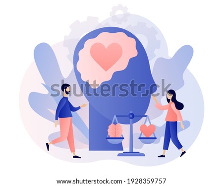 Emotional intelligence. Heart and brain on balanced scale symbol. Tiny people exploring inner personality. Love, mind, logical. Modern flat cartoon style. Vector illustration on white background