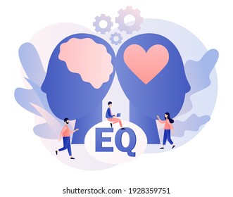 Emotional intelligence. Heart and brain as symbol of balance. Tiny people exploring inner personality. Love, mind, logical. Modern flat cartoon style. Vector illustration on white background