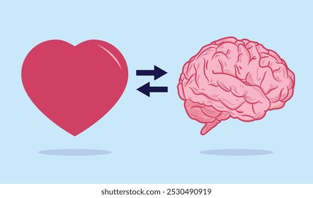 Emotional Intelligence - Heart and brain symbol controlling feelings and emotions with logical thinking, empathy or social skill, self control or balance concept. Flat design vector illustration