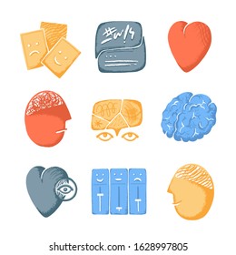 Emotional intelligence icons in handdrawn flat style. Abstract psychological symbols. Recognizing emotions, self-awareness, self-regulation, empathy, social skills.