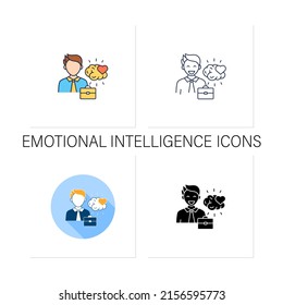 Emotional intelligence icons set. Emotionally aware. Perceive, control, and evaluate emotions.Effective communication.Collection of icons in linear, filled, color styles.Isolated vector illustrations