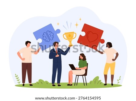 Emotional intelligence and intellectual balance concept, featuring people with puzzle pieces and a trophy, isolated on white background vector illustration.