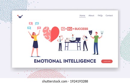 Emotional Intelligence Landing Page Template. Iq and Eq Concept. Characters Show Empathy, Communication Skills, Reasoning and Persuasion, People Communicate to Each Other. Cartoon Vector Illustration