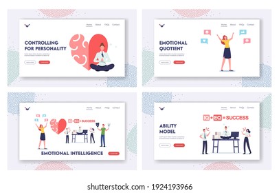 Emotional Intelligence Landing Page Template Set. Iq and Eq Concept. Characters Show Empathy, Communication Skills, Reasoning and Persuasion, People Communicate, Meditate. Cartoon Vector Illustration