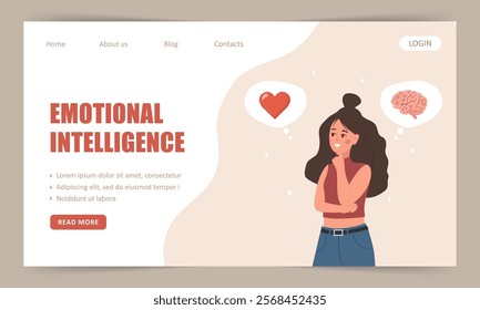 Emotional intelligence. Landing page template. Young woman choosing between Feelings and Mind. Vector illustration in flat cartoon style.